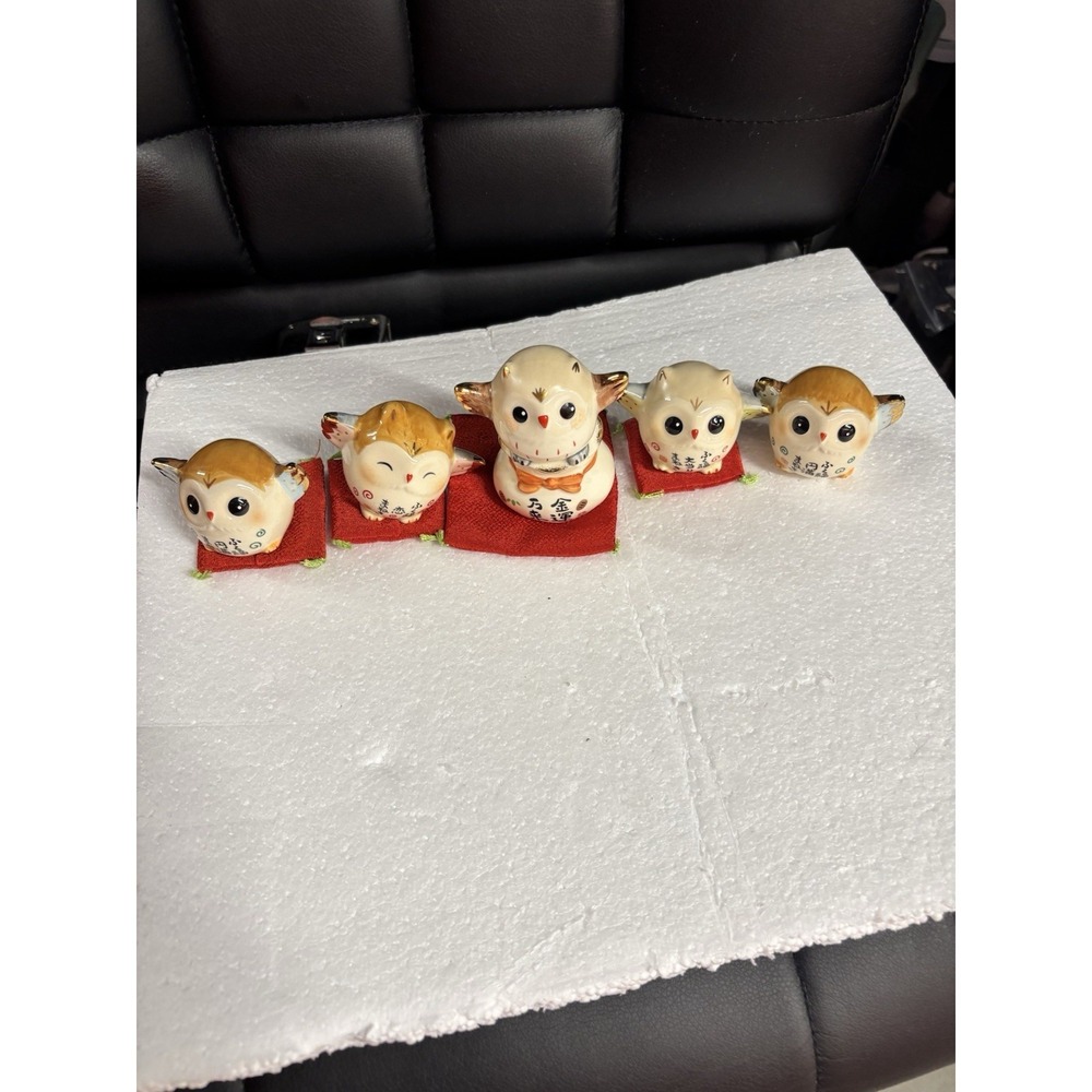 Vintage Yakushigama Japan Pottery Owls Set 5 Pcs Lucky Fukurou Fortune Decor⁠